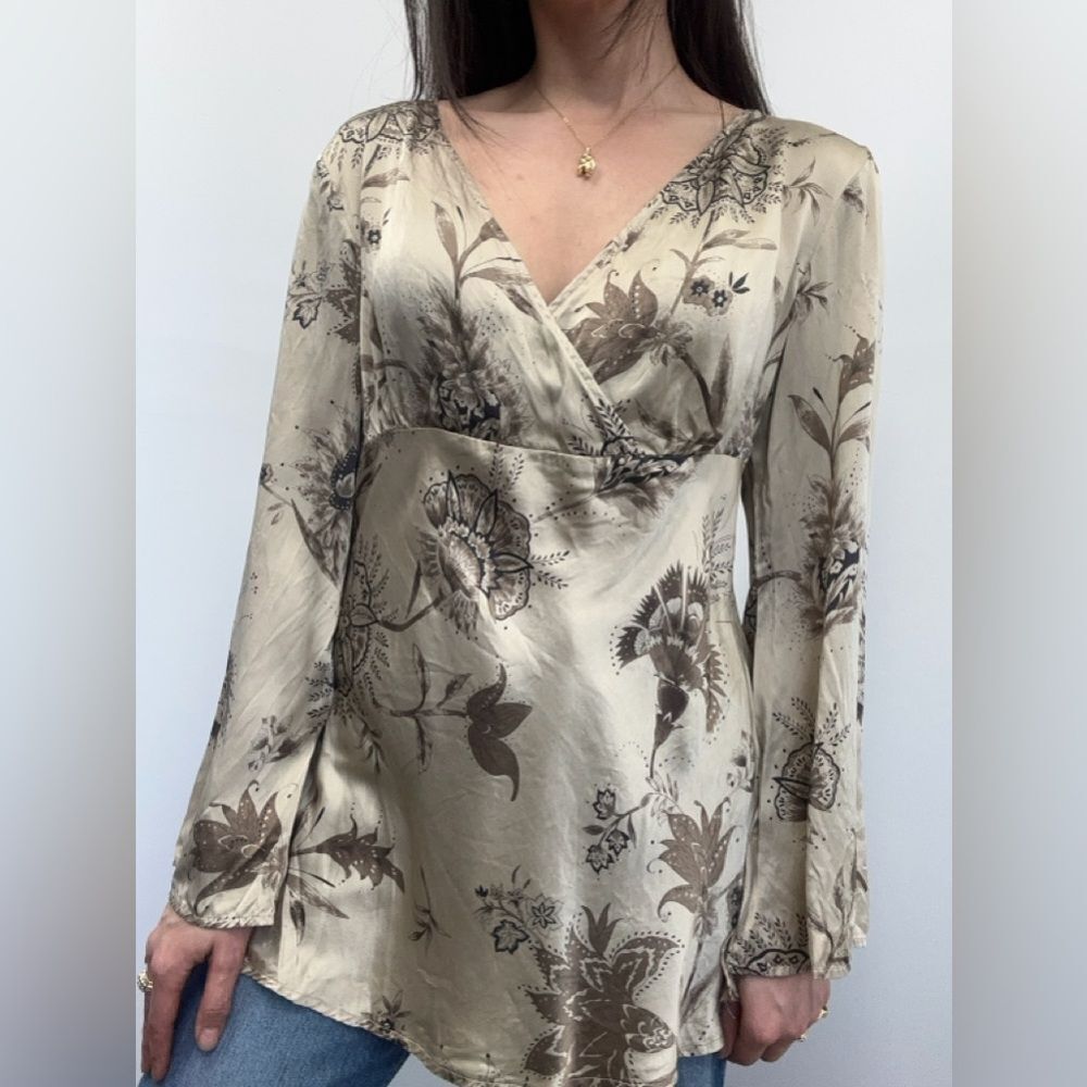 Vintage Y2K 100% Silk Floral Boho Tunic Peasant Blouse Bell V-neck Sleeve Size M
